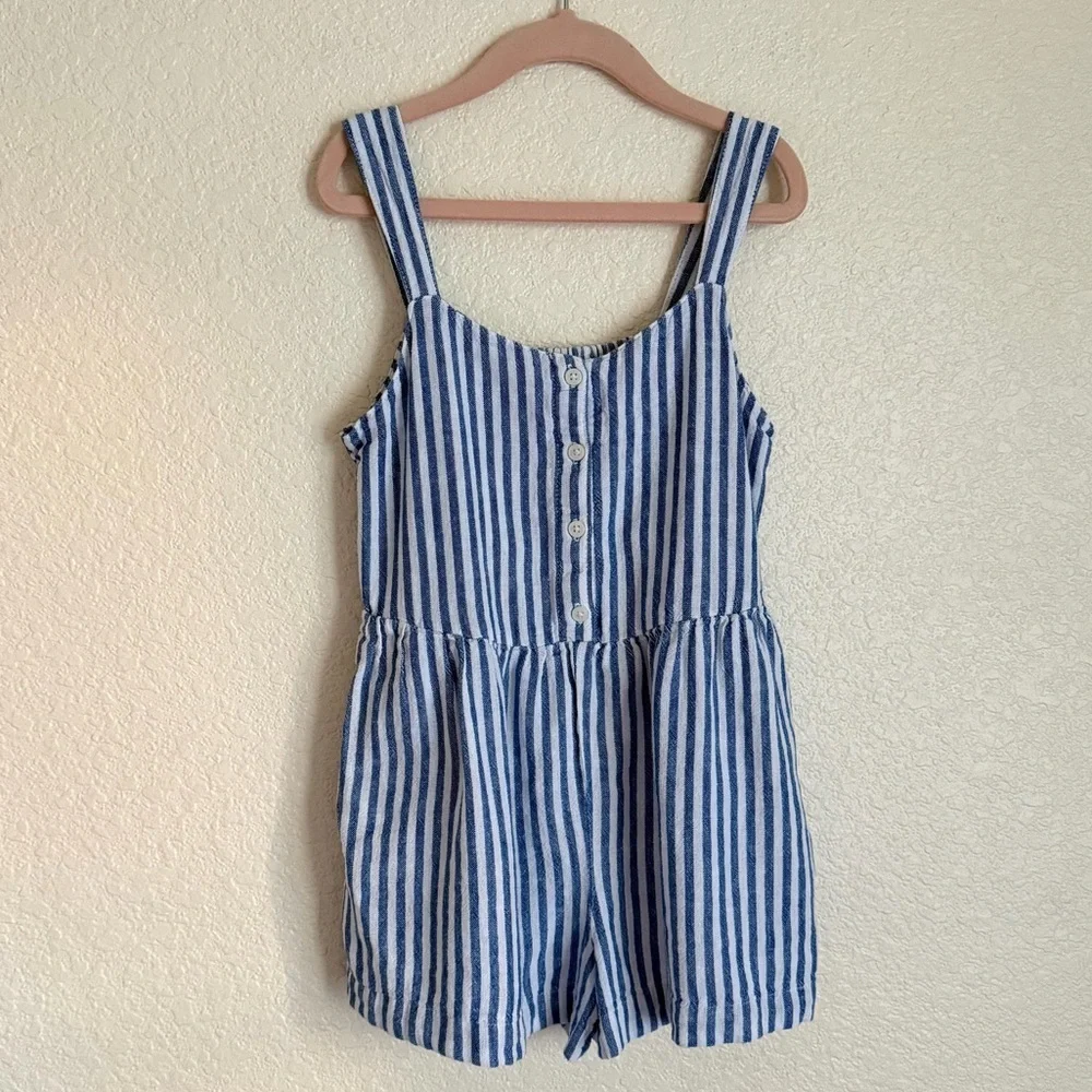 Old Navy Girls Sleeveless Linen Blend Button Front Romper 8 Blue White Stripe